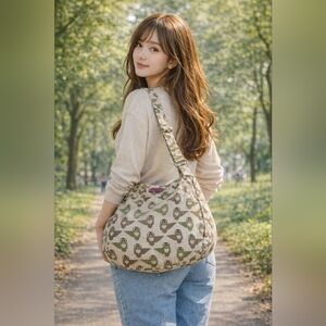 Bungalow 360 Owl Print Canvas Shoulder Bag - Cream and Green